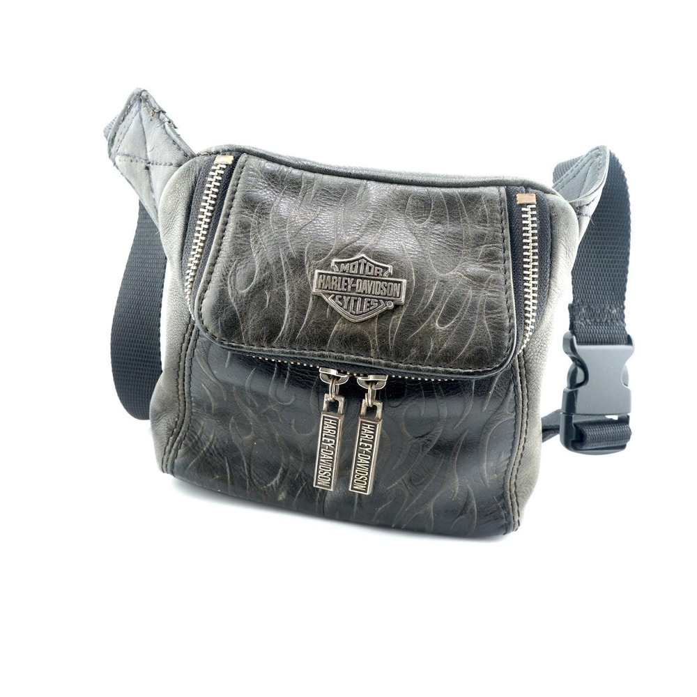 Harley Davidson Black Leather Flame Fanny Pack Waist Bag Motorcycle Biker Y2K